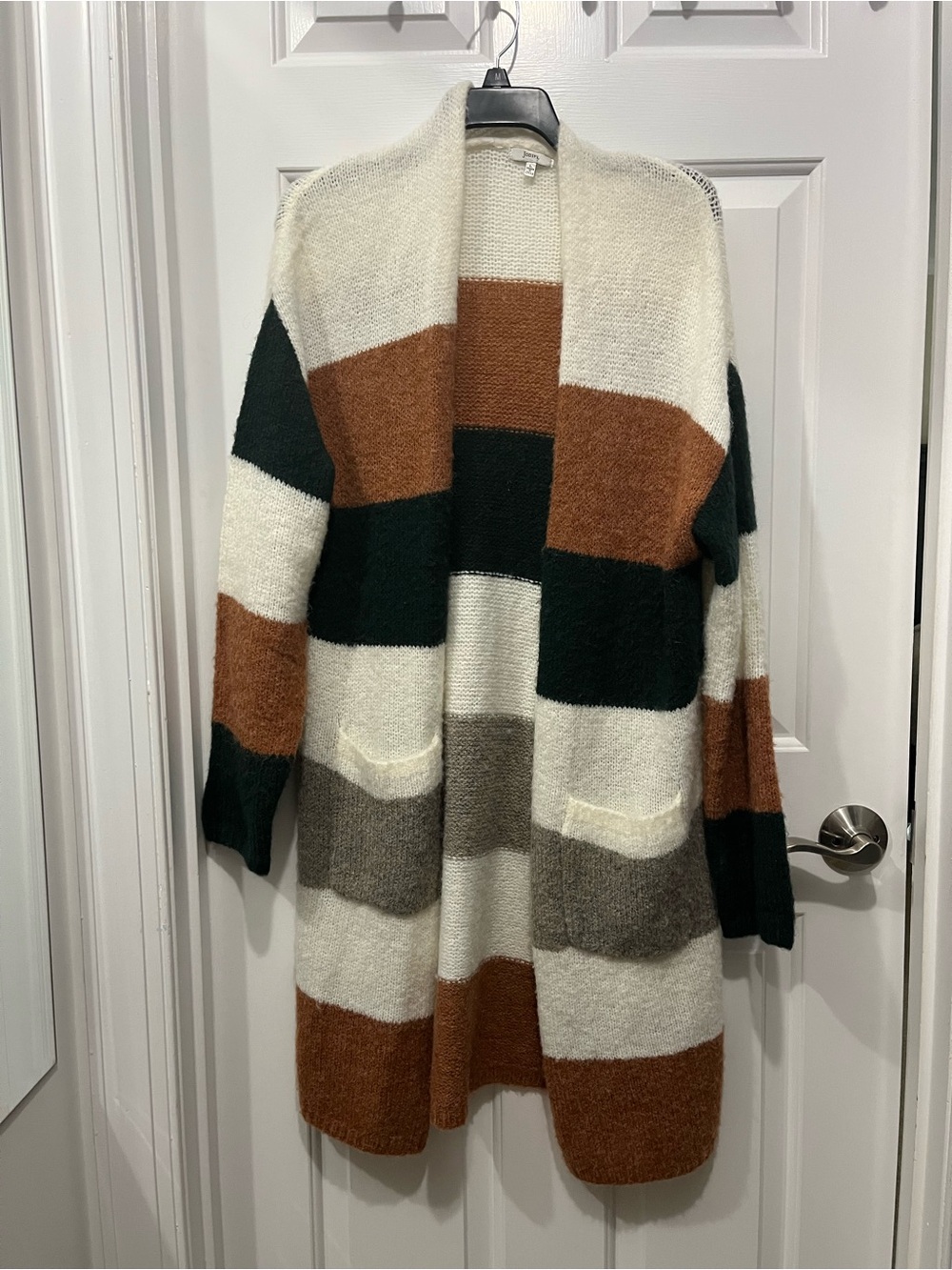 JODIFL Striped Open-Front Longline Cardigan - Cream, Brown, Green, Gray